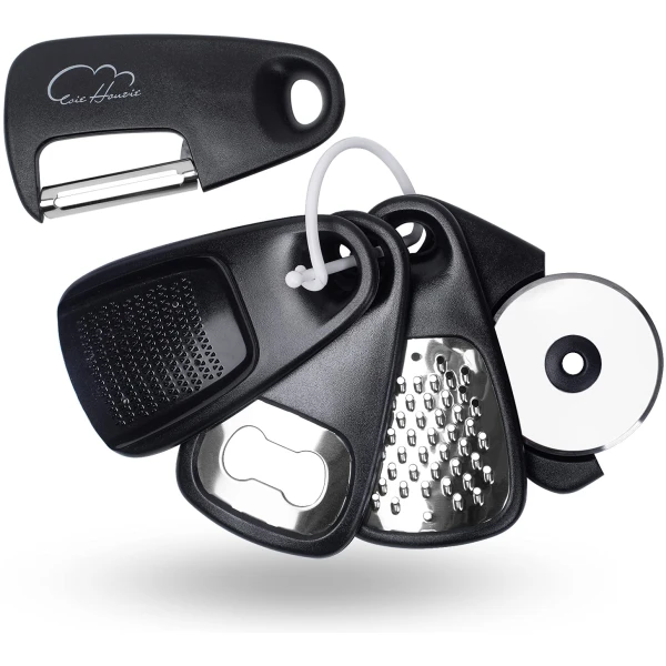 Kitchen Gadgets Set 5 Pieces, Space Saving Cooking Tools Kitchen Accessories - Fruit/Vegetable Peeler, Cheese/Chocolate Grater, Bottle Opener, Pizza Cutter, Garlic/Ginger...