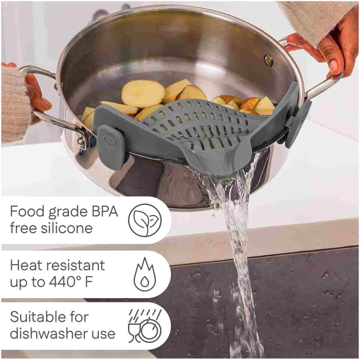 Kitchen Gizmo Snap N' Strain - Silicone Pasta Strainer Clip-On for Pots and Pans - Heat Resistant Colander for Vegetables and Noodles - Kitchen Gadgets for Cooking -...