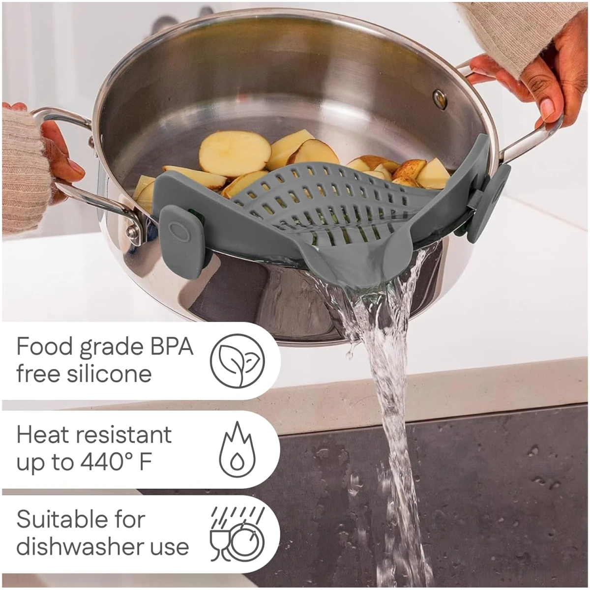 Kitchen Gizmo Snap N' Strain - Silicone Pasta Strainer Clip-On for Pots and Pans - Heat Resistant Colander for Vegetables and Noodles - Kitchen Gadgets for Cooking -...