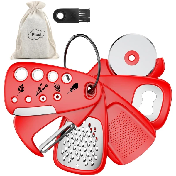 Kitchen Unique Gadgets Set 6 Pieces, Space Saving, Cheese Grater, Bottle Opener, Fruit Vegetable Peeler, Pizza Cutter, Garlic Ginger Grinder, Herb Stripper Gift Set