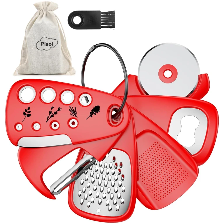 Kitchen Unique Gadgets Set 6 Pieces, Space Saving, Cheese Grater, Bottle Opener, Fruit Vegetable Peeler, Pizza Cutter, Garlic Ginger Grinder, Herb Stripper Gift Set