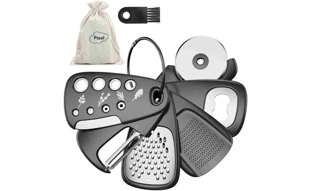 Kitchen Unique Gadgets Set 6 Pieces, Space Saving, Cheese Grater, Bottle Opener, Fruit Vegetable Peeler, Pizza Cutter, Garlic Ginger Grinder, Herb Stripper Gift Set