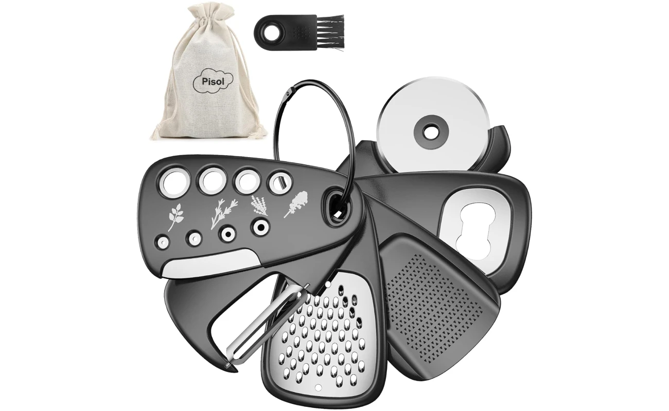 Kitchen Unique Gadgets Set 6 Pieces, Space Saving, Cheese Grater, Bottle Opener, Fruit Vegetable Peeler, Pizza Cutter, Garlic Ginger Grinder, Herb Stripper Gift Set