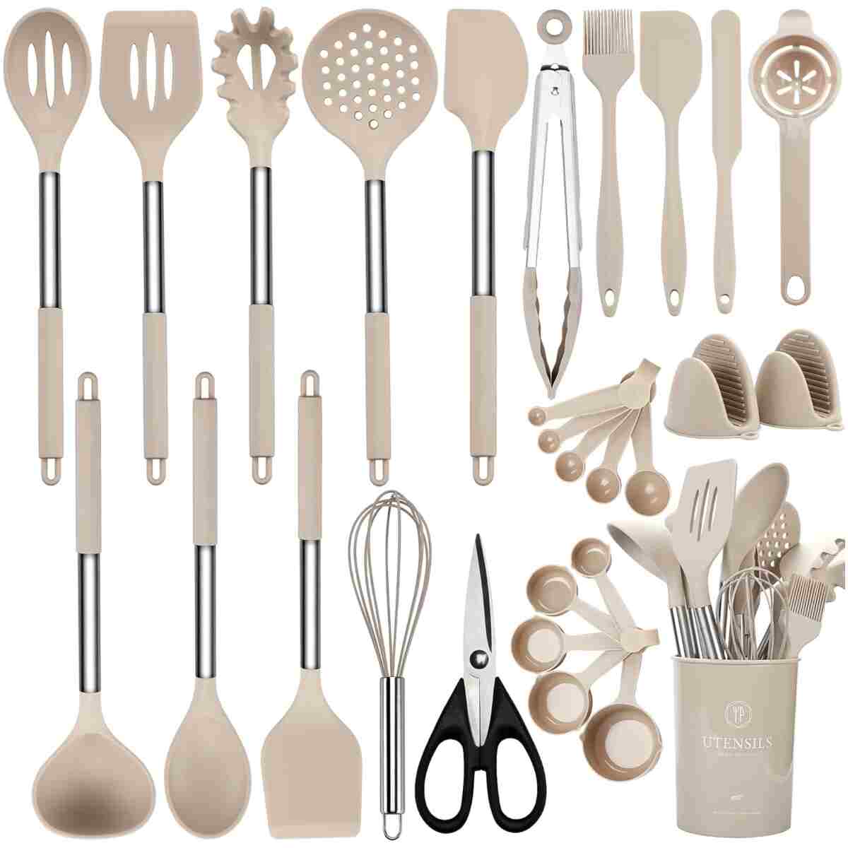 Kitchen Utensils Set, 28 Pcs Silicone Cooking Utensils Set with Holder, Spatula Set, Silicone Whisk, Scissors, Measuring Cups and Spoons Set with Stainless Steel Handle Kitchen...