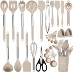Kitchen Utensils Set, 28 Pcs Silicone Cooking Utensils Set with Holder, Spatula Set, Silicone Whisk, Scissors, Measuring Cups and Spoons Set with Stainless Steel Handle Kitchen...