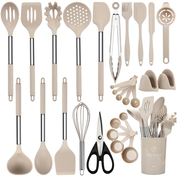 Kitchen Utensils Set, 28 Pcs Silicone Cooking Utensils Set with Holder, Spatula Set, Silicone Whisk, Scissors, Measuring Cups and Spoons Set with Stainless Steel Handle Kitchen...