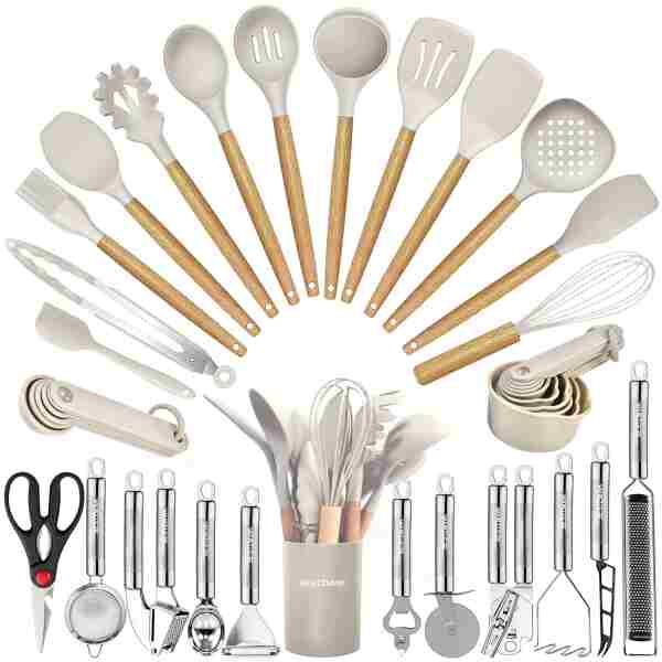 Kitchen Utensils Set- 35 PCs Cooking Utensils with Grater,Tongs, Spoon Spatula &Turner Made of Heat Resistant Food Grade Silicone and Wooden Handles Kitchen Gadgets Tools Set...