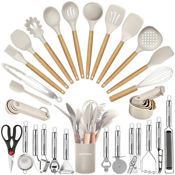 Kitchen Utensils Set- 35 PCs Cooking Utensils with Grater,Tongs, Spoon Spatula &Turner Made of Heat Resistant Food Grade Silicone and Wooden Handles Kitchen Gadgets Tools Set...