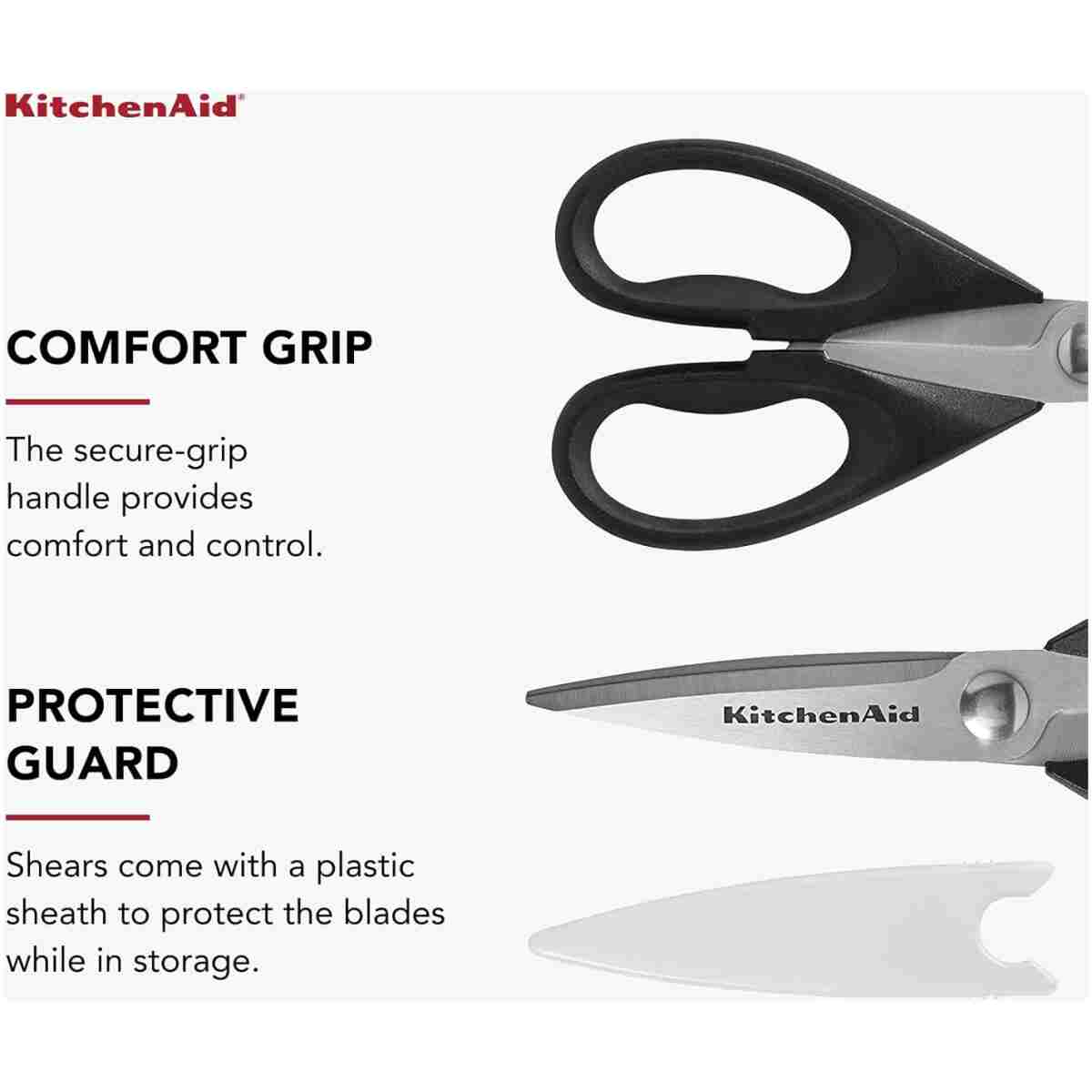 KitchenAid All Purpose Kitchen Shears with Protective Sheath Durable Stainless Steel Scissors, Dishwasher Safe, Soft Grip Comfort Handle, 8.72 Inch, Black