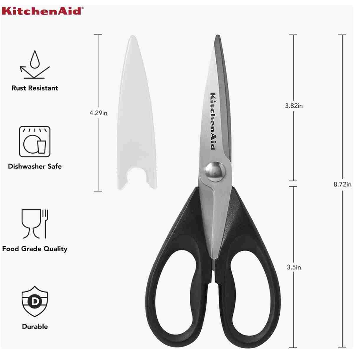 KitchenAid All Purpose Kitchen Shears with Protective Sheath Durable Stainless Steel Scissors, Dishwasher Safe, Soft Grip Comfort Handle, 8.72 Inch, Black