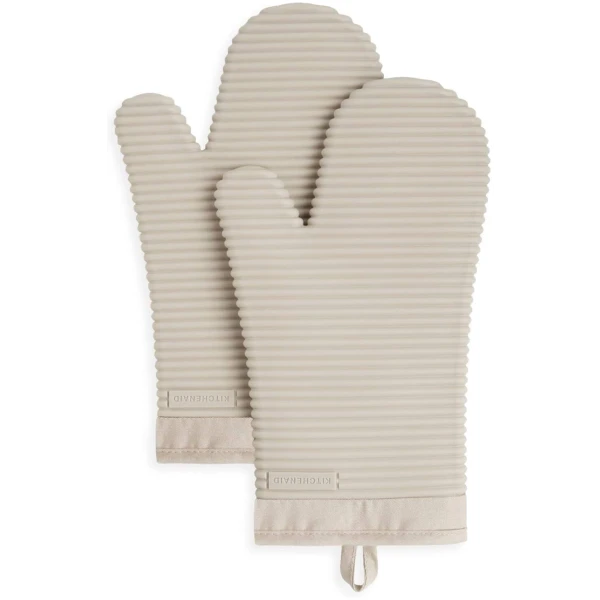 KitchenAid Ribbed Soft Silicone Oven Mitt Set, 7"x13", Milkshake 2 Count