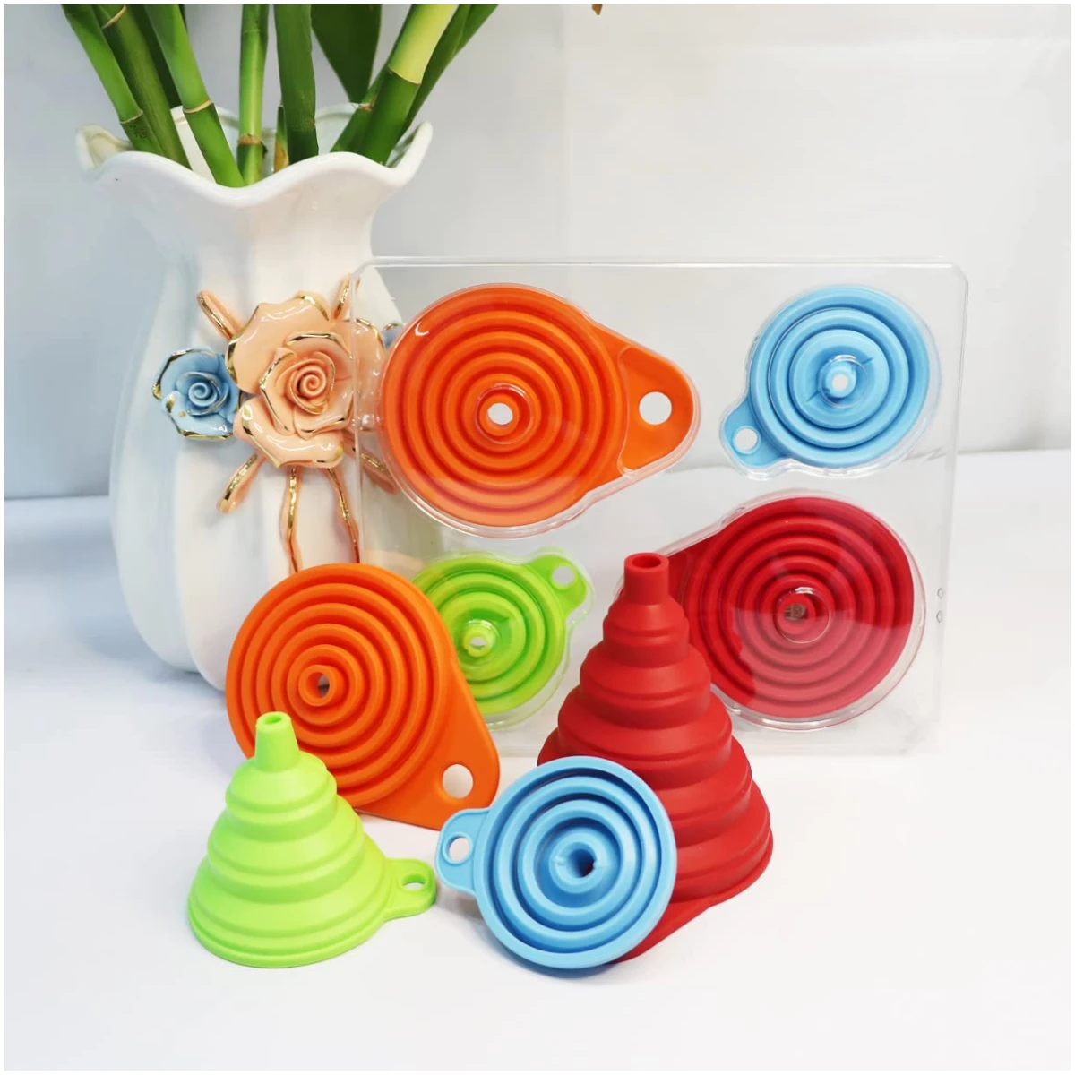 KongNai Kitchen Funnel Set 4 Pack, Small and Large, Kitchen Gadgets Accessories Foldable Silicone Collapsible Funnels for Filling Water Bottle Liquid Transfer Food Grade