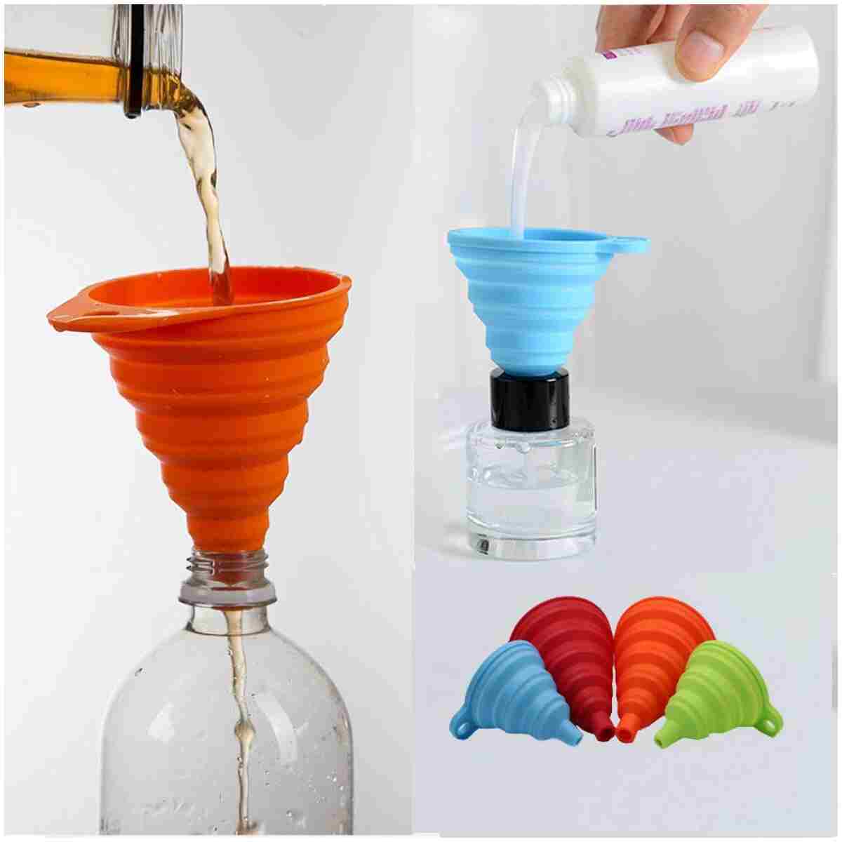 KongNai Kitchen Funnel Set 4 Pack, Small and Large, Kitchen Gadgets Accessories Foldable Silicone Collapsible Funnels for Filling Water Bottle Liquid Transfer Food Grade