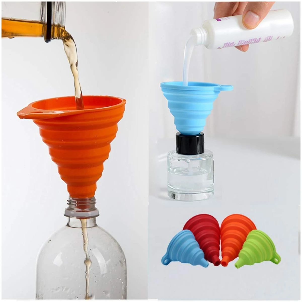 KongNai Kitchen Funnel Set 4 Pack, Small and Large, Kitchen Gadgets Accessories Foldable Silicone Collapsible Funnels for Filling Water Bottle Liquid Transfer Food Grade