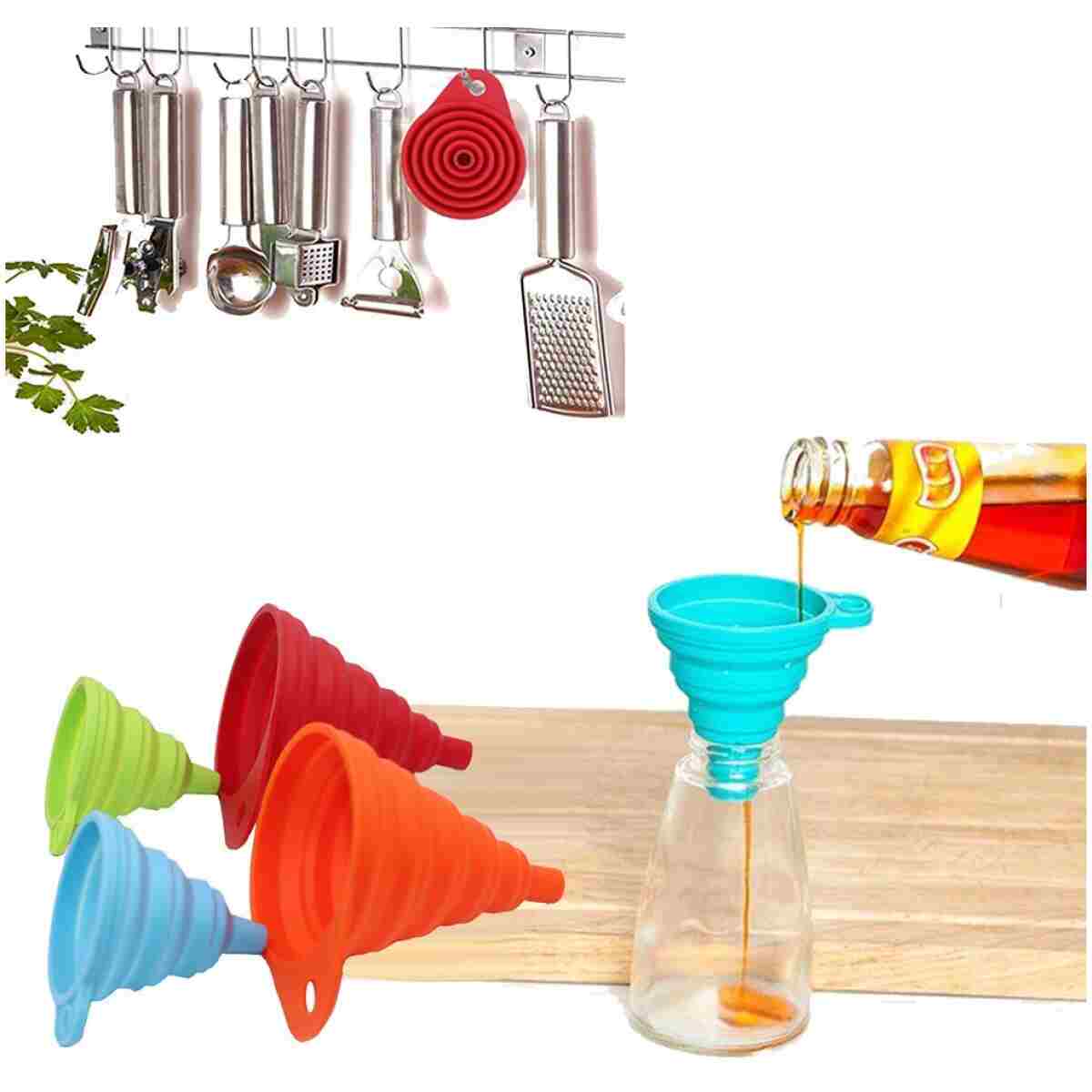 KongNai Kitchen Funnel Set 4 Pack, Small and Large, Kitchen Gadgets Accessories Foldable Silicone Collapsible Funnels for Filling Water Bottle Liquid Transfer Food Grade