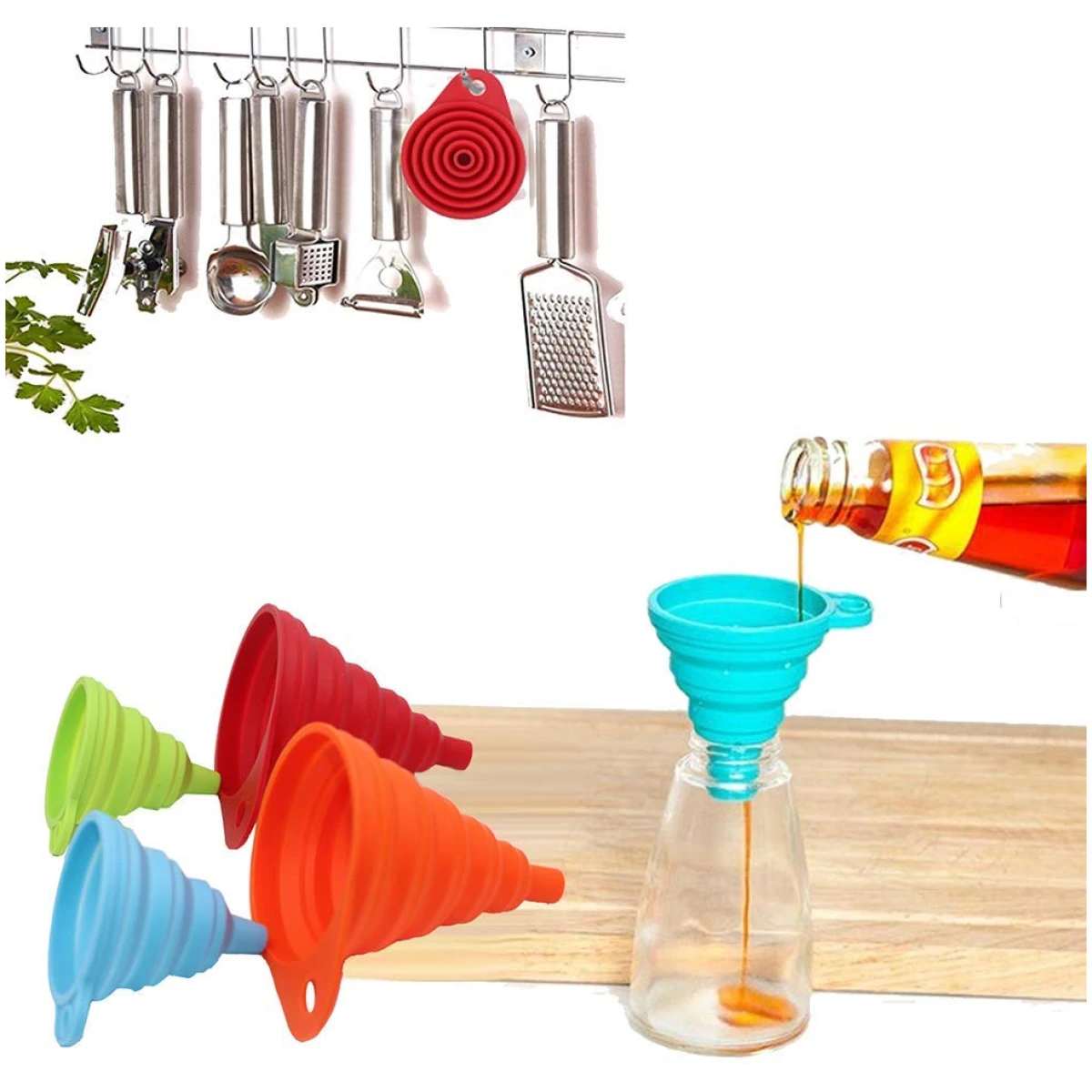 KongNai Kitchen Funnel Set 4 Pack, Small and Large, Kitchen Gadgets Accessories Foldable Silicone Collapsible Funnels for Filling Water Bottle Liquid Transfer Food Grade