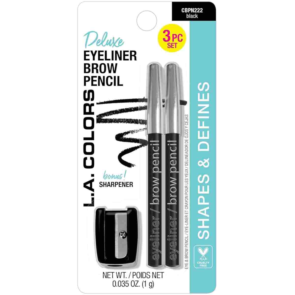 L.A. COLORS Eyeliner/Brow Pencils w/Sharpener (carded), Black CBPN222A