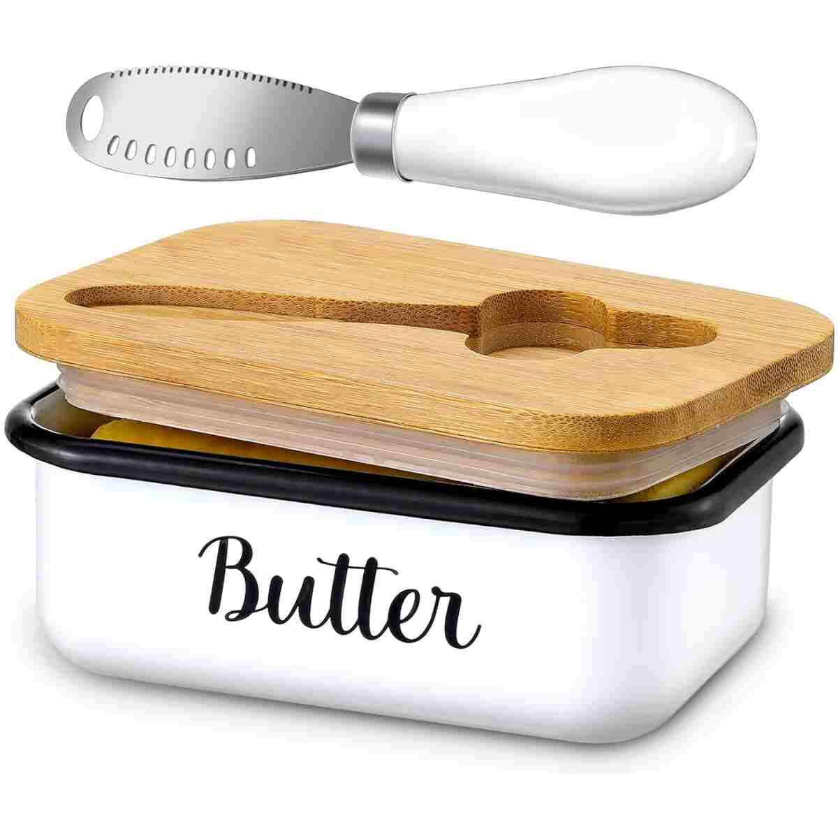 LANDNEOO Butter Dish with Lid and Butter Curler Knife - Unbreakable Stainless Steel Keeper Container with Double Silicone Sealing, for Kitchen Farmhouse Decor