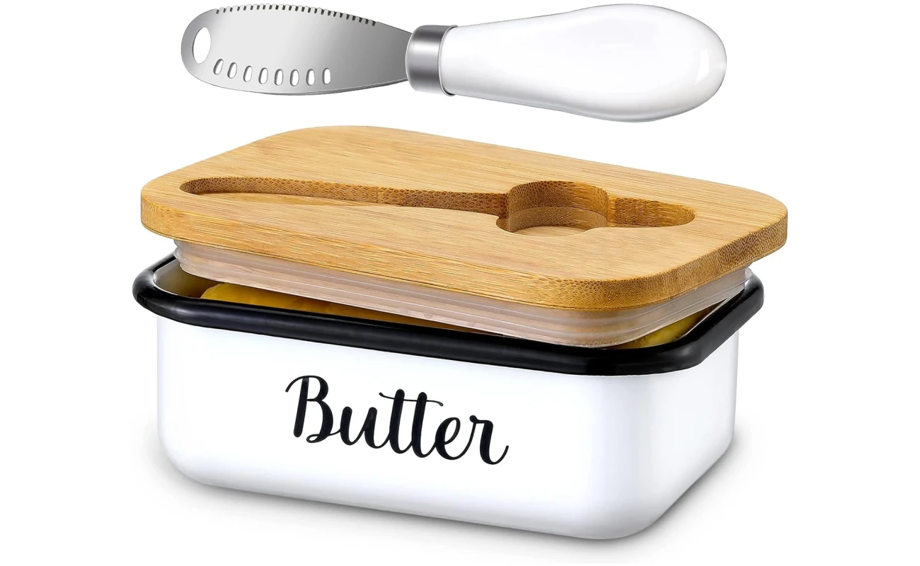 LANDNEOO Butter Dish with Lid and Butter Curler Knife - Unbreakable Stainless Steel Keeper Container with Double Silicone Sealing, for Kitchen Farmhouse Decor