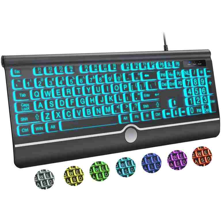 Large Print Backlit Computer Keyboard, USB Full Size Wired Keyboards with 7-Colors Backlight, Wrist Rest, Light Up Keyboard for Windows, PC, Laptop - Easy to See, Easy to Setup