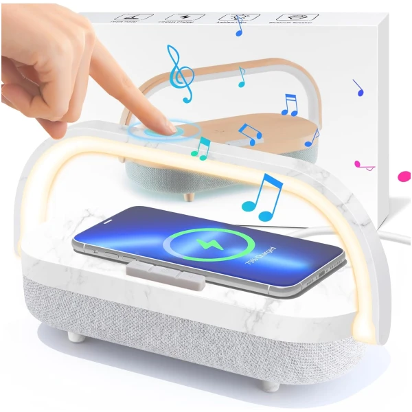 LED Bedside Lamp, Touch Lamps for Bedroom Nightstand, 4 in 1 Bedside Table Lamp with Wireless Charger, Portable Bluetooth Speaker, Phone Holder, Dimmable Charging Birthday Gifts...