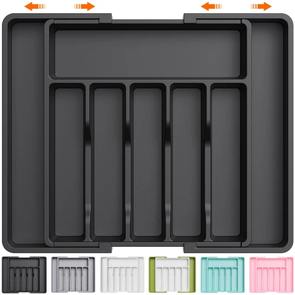 Lifewit Silverware Drawer Organizer, Expandable Utensil Tray for Kitchen, BPA Free Flatware and Cutlery Holder, Adjustable Plastic Storage for Spoons Forks Knives, Large, Black