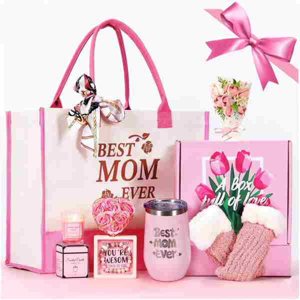 Mabel Swgglo Mothers Day Gift Set for Mom,Best Present with Premium Box,Tote Bag,Insulated Tumbler,Scented Candle,Decorative Soap Rose,Fuzzy Socks,Stone Bracelet,Greeting Card