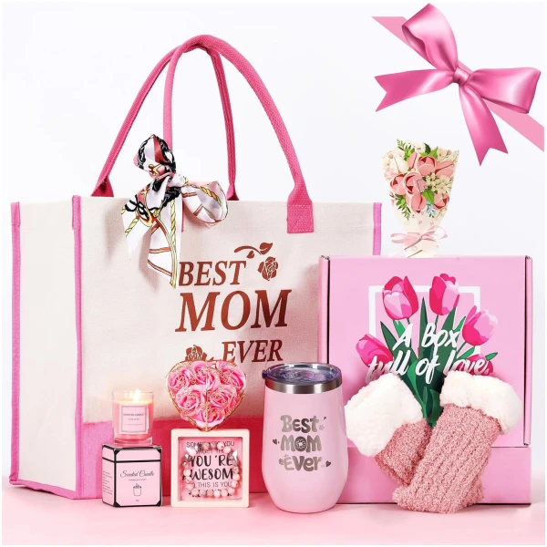 Mabel Swgglo Mothers Day Gift Set for Mom,Best Present with Premium Box,Tote Bag,Insulated Tumbler,Scented Candle,Decorative Soap Rose,Fuzzy Socks,Stone Bracelet,Greeting Card