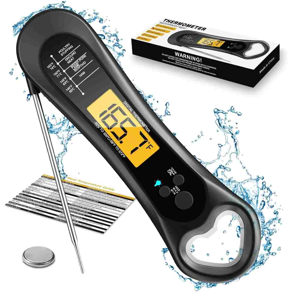 Meat Thermometer Digital, Instant Read Meat Thermometer for Grill and Cooking, with Bottle Opener, Backlight & Calibration Food Thermometer, Kitchen Gadgets for BBQ, Turkey,...