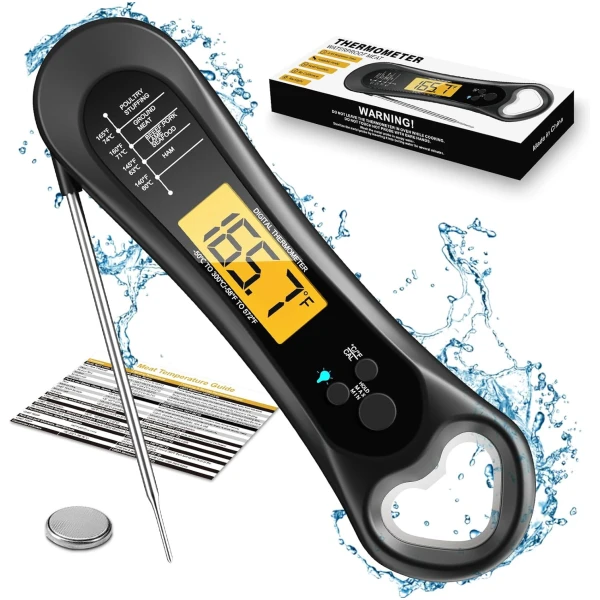 Meat Thermometer Digital, Instant Read Meat Thermometer for Grill and Cooking, with Bottle Opener, Backlight & Calibration Food Thermometer, Kitchen Gadgets for BBQ, Turkey,...