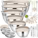 Mixing Bowls with Airtight Lids Set, 26PCS Stainless Steel Khaki Bowls with Grater Attachments, Non-Slip Bottoms & Kitchen Gadgets Set, Size 7, 4, 2.5, 2.0,1.5, 1QT, Great for...
