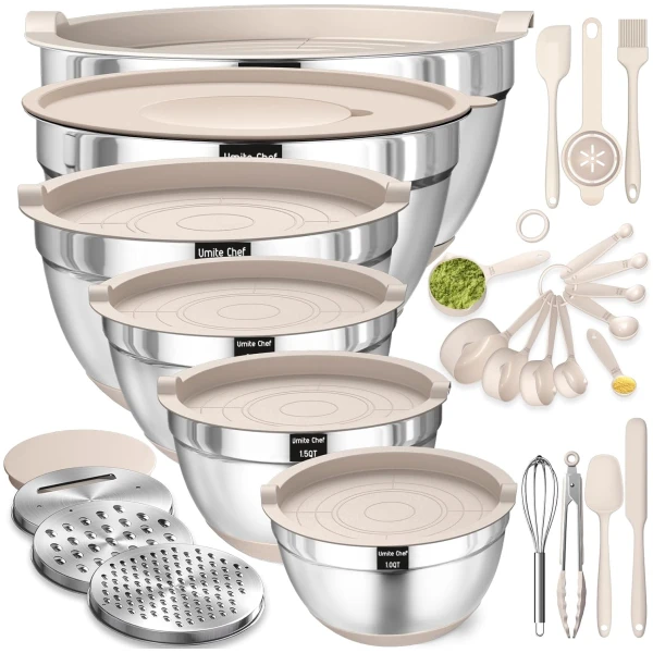 Mixing Bowls with Airtight Lids Set, 26PCS Stainless Steel Khaki Bowls with Grater Attachments, Non-Slip Bottoms & Kitchen Gadgets Set, Size 7, 4, 2.5, 2.0,1.5, 1QT, Great for...