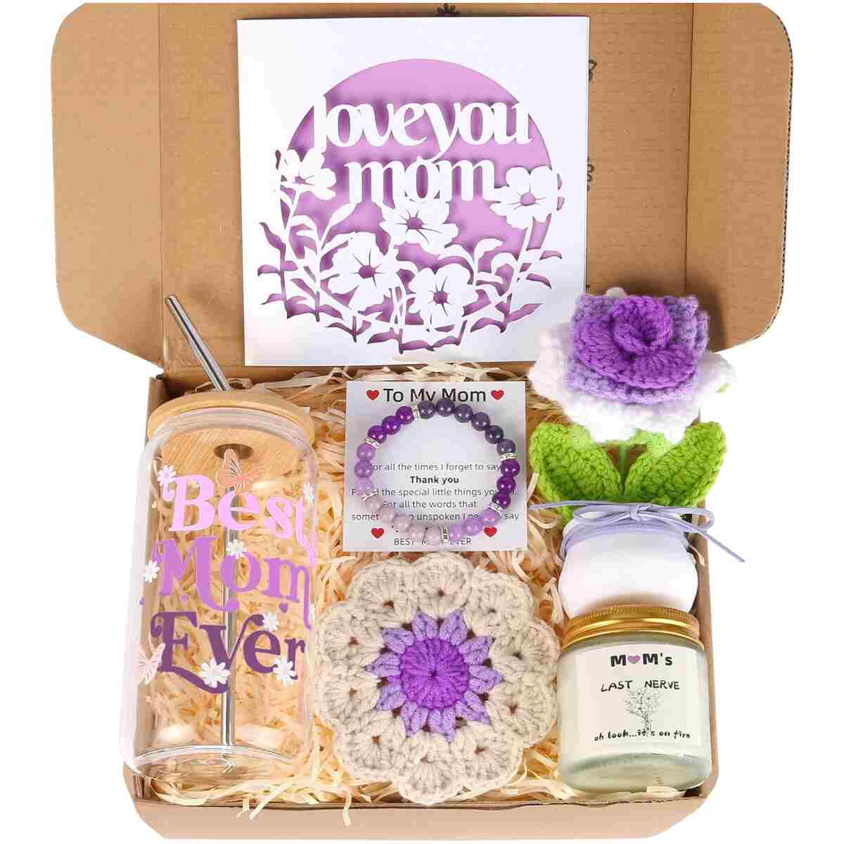Mothers Day Gift For Mom From Daughter,Son,Kid,Husband,Personalized Gift Box For Mama With Floral Card, Scented Candle, Best Mom Ever Tumbler, Handcrafted Crochet Flowers,Beaded...