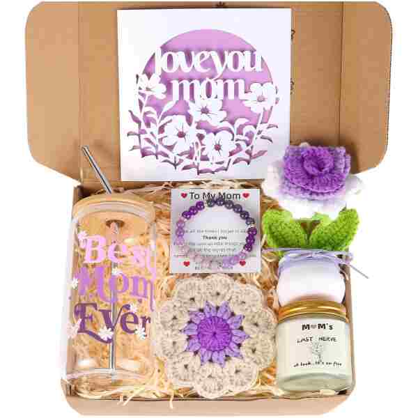 Mothers Day Gift For Mom From Daughter,Son,Kid,Husband,Personalized Gift Box For Mama With Floral Card, Scented Candle, Best Mom Ever Tumbler, Handcrafted Crochet Flowers,Beaded...