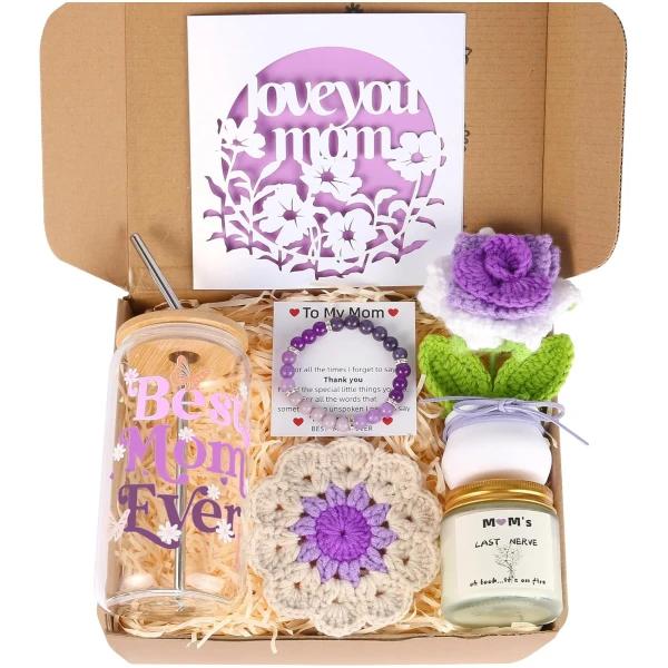 Mothers Day Gift For Mom From Daughter,Son,Kid,Husband,Personalized Gift Box For Mama With Floral Card, Scented Candle, Best Mom Ever Tumbler, Handcrafted Crochet Flowers,Beaded...
