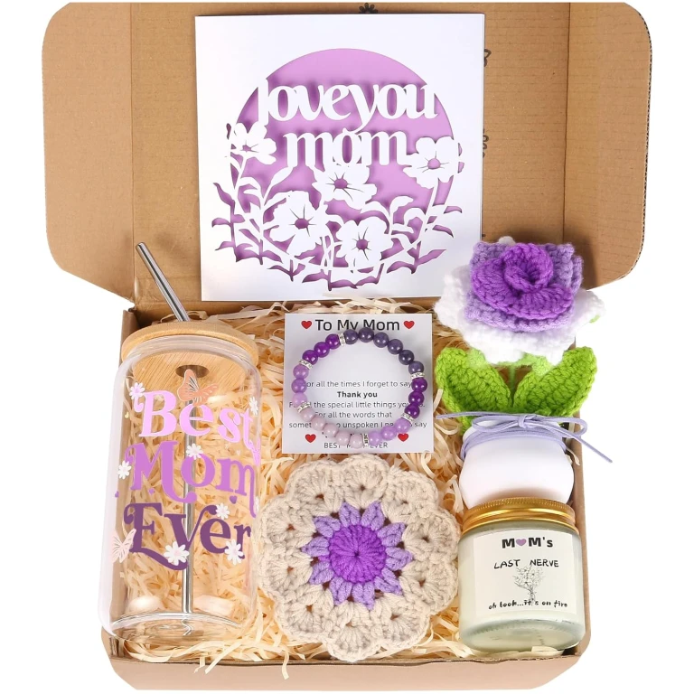 Mothers Day Gift For Mom From Daughter,Son,Kid,Husband,Personalized Gift Box For Mama With Floral Card, Scented Candle, Best Mom Ever Tumbler, Handcrafted Crochet Flowers,Beaded...