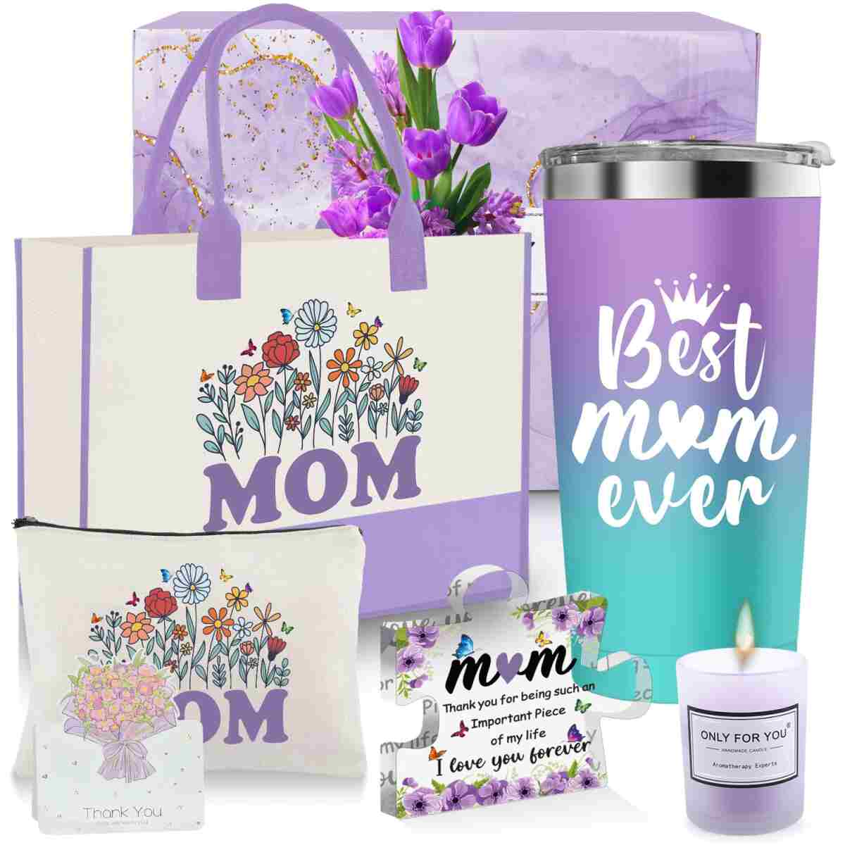 Mothers Day Gifts for Mom from Daughter, Fun Birthday Gifts for Mom Women with 20 Oz Tumbler Mothers Day Cards Canvas Tote Bag Scented Candle Makeup Bag Cute Acrylic Plaque Sign