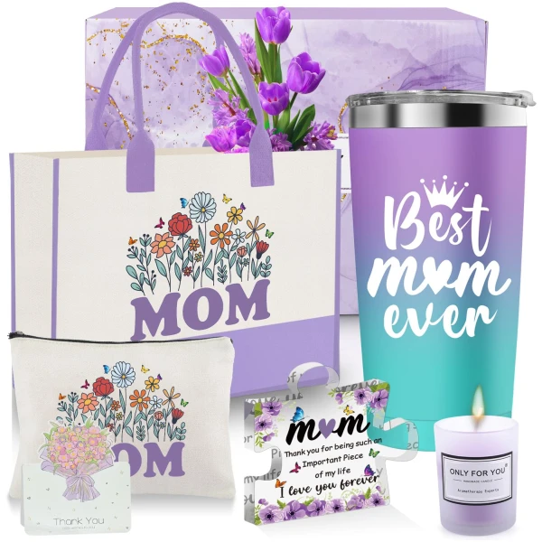 Mothers Day Gifts for Mom from Daughter, Fun Birthday Gifts for Mom Women with 20 Oz Tumbler Mothers Day Cards Canvas Tote Bag Scented Candle Makeup Bag Cute Acrylic Plaque Sign