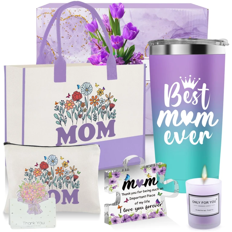 Mothers Day Gifts for Mom from Daughter, Fun Birthday Gifts for Mom Women with 20 Oz Tumbler Mothers Day Cards Canvas Tote Bag Scented Candle Makeup Bag Cute Acrylic Plaque Sign