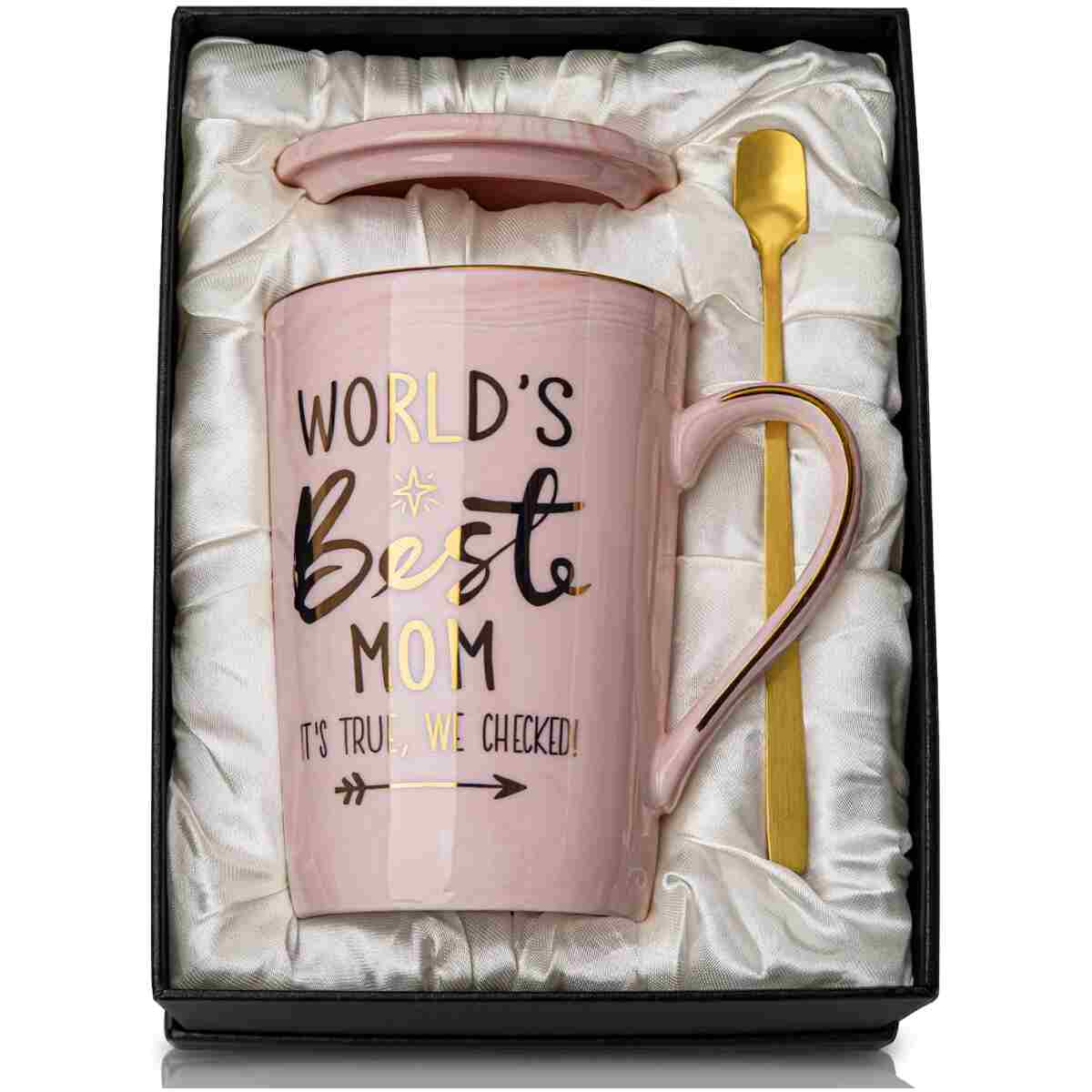 Mothers Day Gifts for Mom from Daughter Son Kids - 14Oz Funny World's Best Mom Mug with Gold Print, Birthday Presents for Mama Wife, Unique Pink Marble Coffee Cup with Lid Spoon...