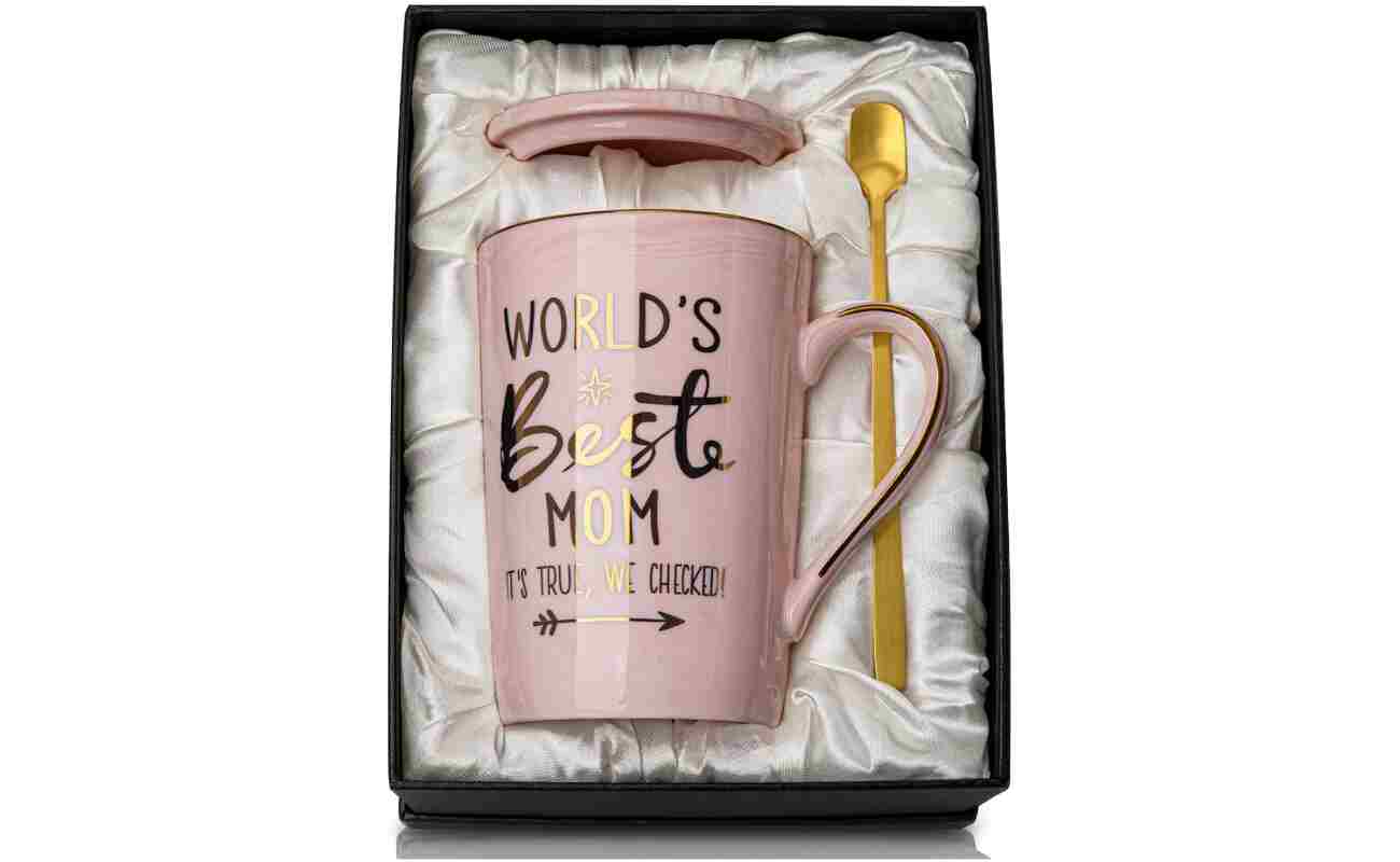 Mothers Day Gifts for Mom from Daughter Son Kids - 14Oz Funny World's Best Mom Mug with Gold Print, Birthday Presents for Mama Wife, Unique Pink Marble Coffee Cup with Lid Spoon...