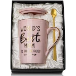 Mothers Day Gifts for Mom from Daughter Son Kids - 14Oz Funny World's Best Mom Mug with Gold Print, Birthday Presents for Mama Wife, Unique Pink Marble Coffee Cup with Lid Spoon...
