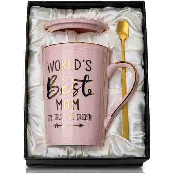 Mothers Day Gifts for Mom from Daughter Son Kids - 14Oz Funny World's Best Mom Mug with Gold Print, Birthday Presents for Mama Wife, Unique Pink Marble Coffee Cup with Lid Spoon...
