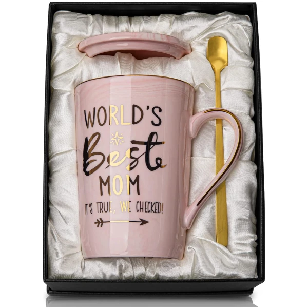 Mothers Day Gifts for Mom from Daughter Son Kids - 14Oz Funny World's Best Mom Mug with Gold Print, Birthday Presents for Mama Wife, Unique Pink Marble Coffee Cup with Lid Spoon...