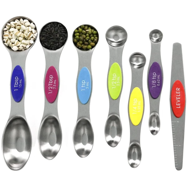 Multicolor Magnetic Measuring Spoons Set with Leveler - Stainless Steel, Stackable, Fits Spice Jars - For Baking Kitchen