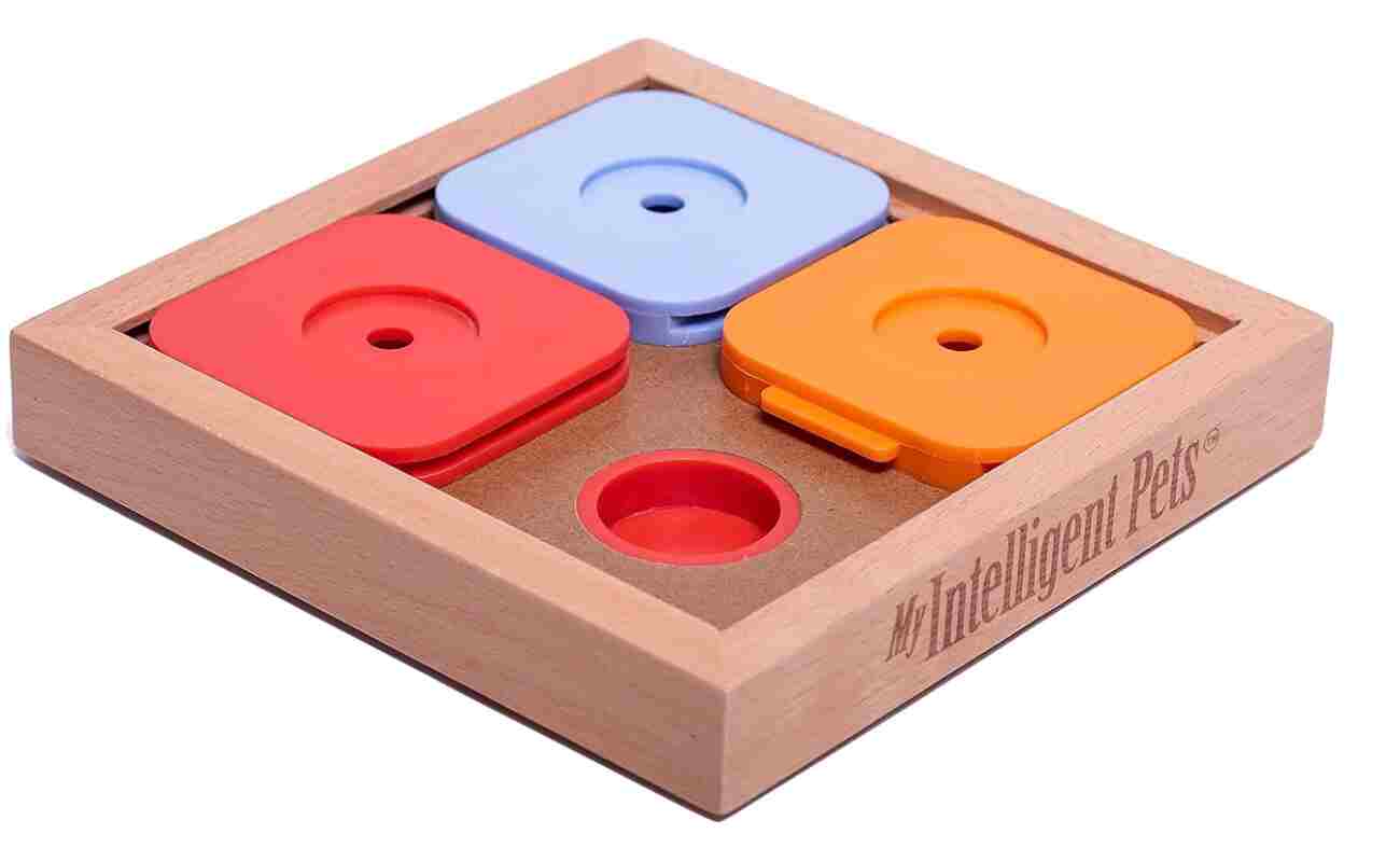 My Intelligent Pets Sudoku Puzzle for Small Dogs and Cats – Basic Brain Pet Toy with 4 Treat-Hiding Holes – Medium Size, Wood and Plastic