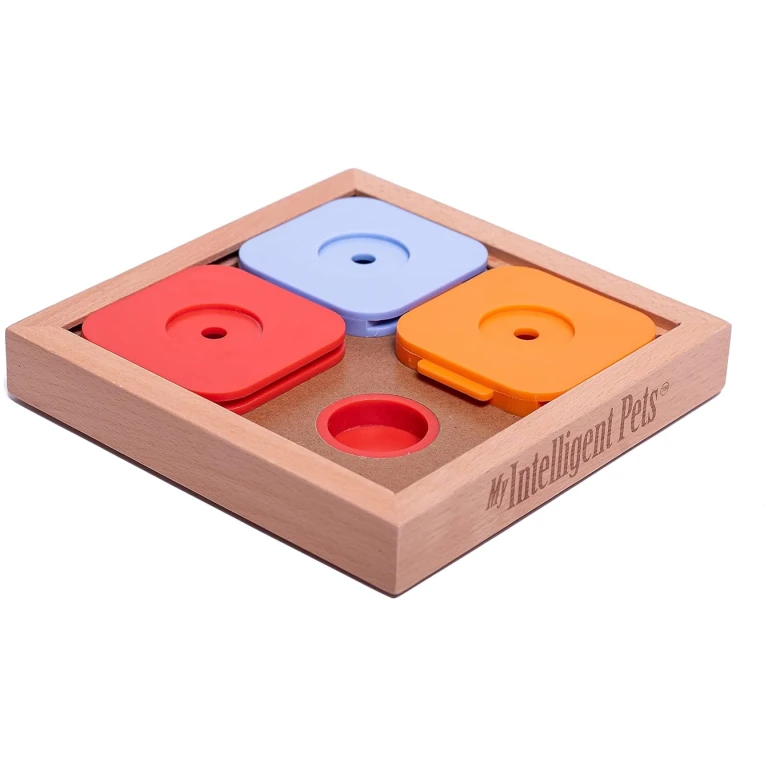 My Intelligent Pets Sudoku Puzzle for Small Dogs and Cats – Basic Brain Pet Toy with 4 Treat-Hiding Holes – Medium Size, Wood and Plastic