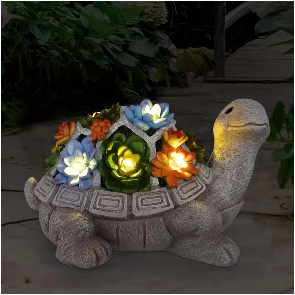 Nacome Solar Garden Outdoor Statues Turtle with Succulent and 7 LED Lights - Lawn Decor Tortoise Statue for Patio, Balcony, Yard Ornament - Unique Housewarming Gifts