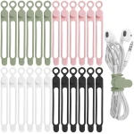 Nearockle 24Pcs Silicone Cable Straps Cord Organizer for Bundling Earphone, Phone Charger, Computer Cords, Reusable Cable Ties Wire Organizer in Home,Office,Kitchen,School (4...
