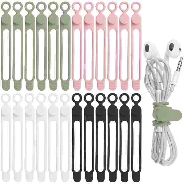 Nearockle 24Pcs Silicone Cable Straps Cord Organizer for Bundling Earphone, Phone Charger, Computer Cords, Reusable Cable Ties Wire Organizer in Home,Office,Kitchen,School (4...